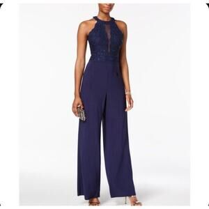 Nightway Size 4 Blue Halter Jumpsuit Glitter Lace Illusion Wide Leg Prom wedding